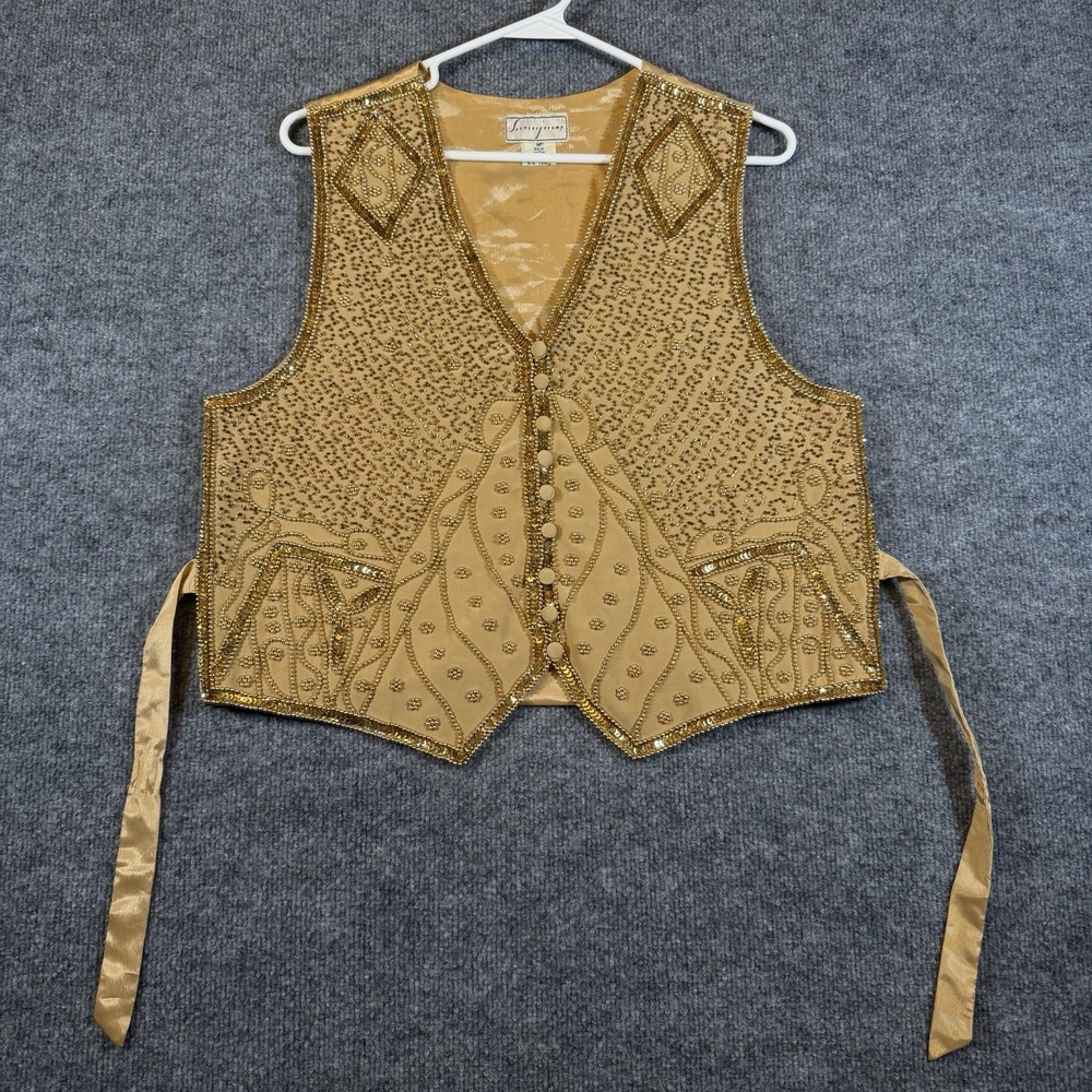 VTG Spenser Jeremy Vest Gold Sequin Beaded Silk Glam Retro Costume Size M